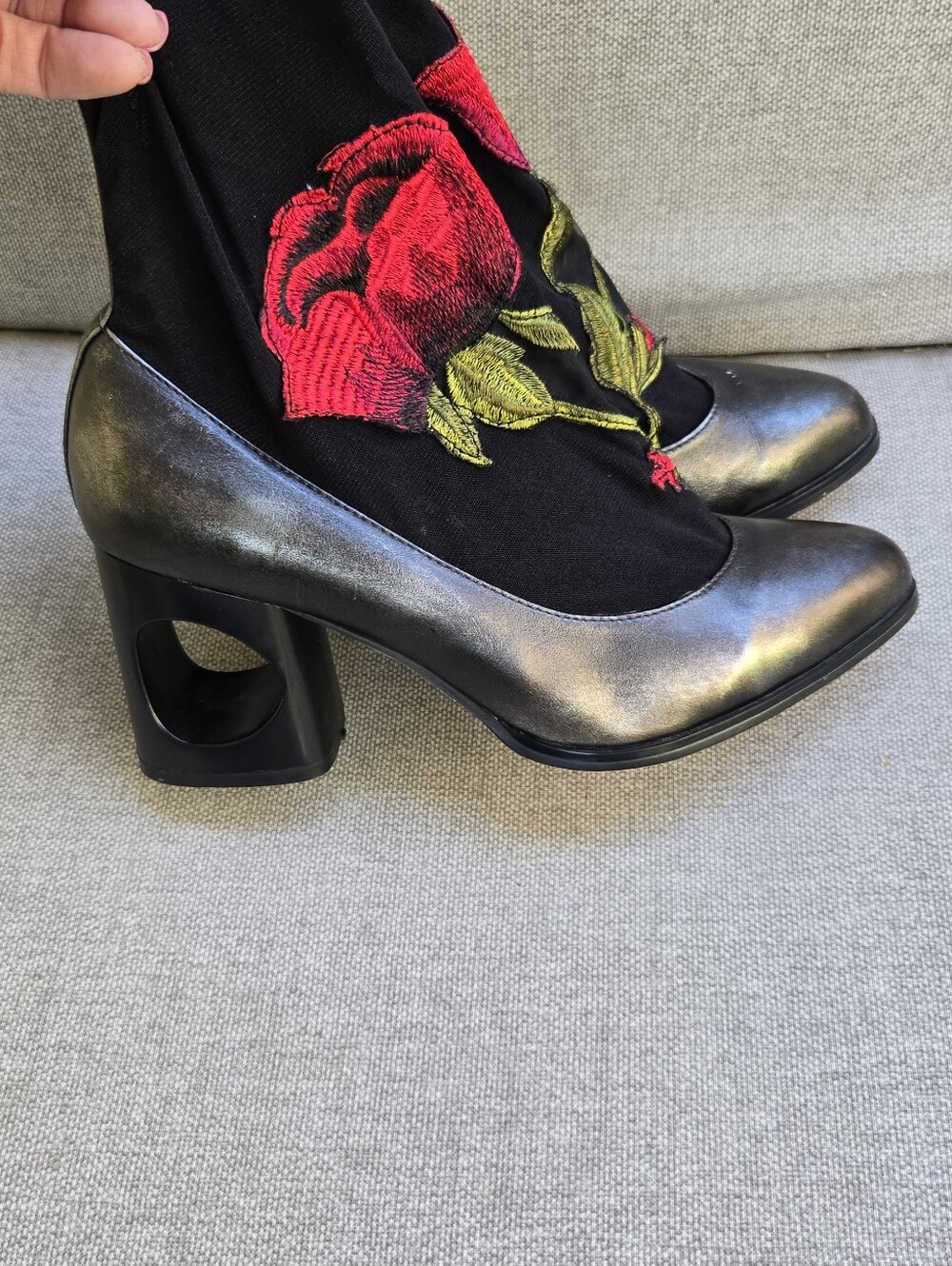 Azura Black Floral Embroidered Slip-On Women’s Block Heel - Picture 4 of 11